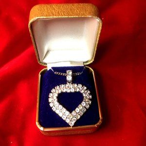 Rhinestone Heart Vintage Pendant & Chain Sparkly Mid-Century 1960s MIB!
